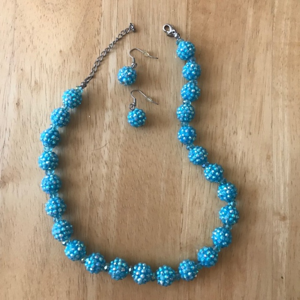 Baby Blue Beaded Necklace Earrings Set Retro Disco